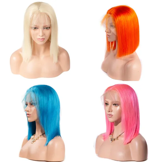 Wholesale Pink Orange Blue Red Grey Turquoise 613 Blond Color Wig Brazilian Virgin Human Hair Long Colored Lace Frontal Bob Wig