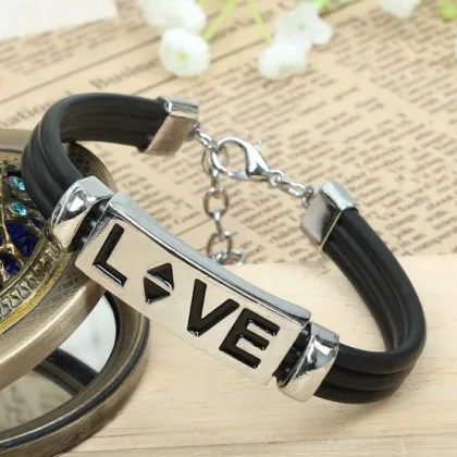 Metal Alloy Love Bracelet for women with leather cords and black enamel LOVE