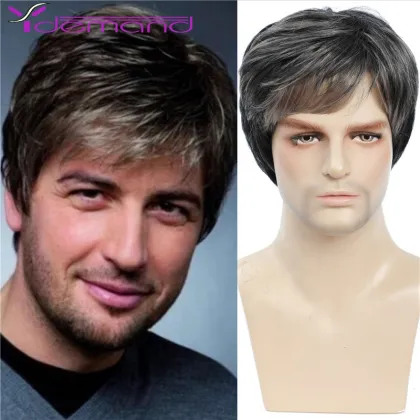 Y Demand Middle-Aged And Elderly Wigs Short Hair Fluffy Wig Straight Black And Gray Mixed Color Wholesale Synthetic Handsome