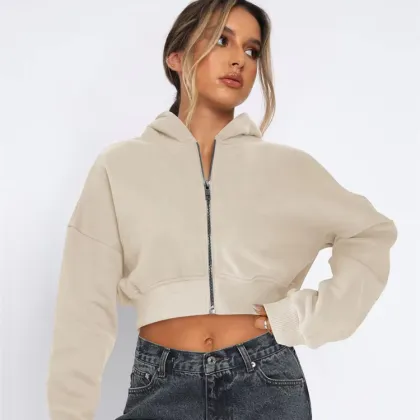 European and American Style Fleece Zipper Cardigan Hooded Sweatshirt