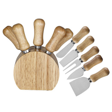 Stainless Steel Cheese Knives and Oak Wood Holder Set for Charcuterie Board