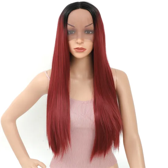 Heat Resistant Hair  Synthetic Lace Front Wig For Black Women Middle Part Hand Tied Long Silky Straight Lace Wig