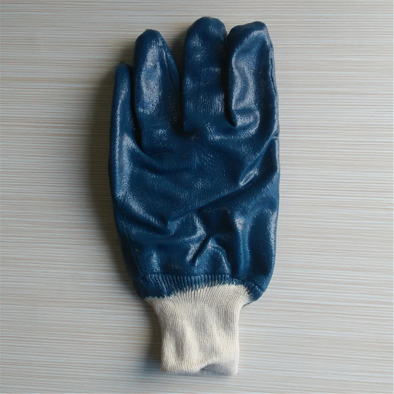 Guantes de franela de nitrilo azul con forro de muñeca de punto