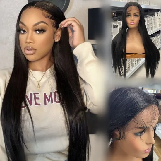 32 Inch Black Long Straight Lace Front Wig with Heat Resistant Layered Synthetic Hair, Mimicking Natural Human Hair for Women's Daily Use
