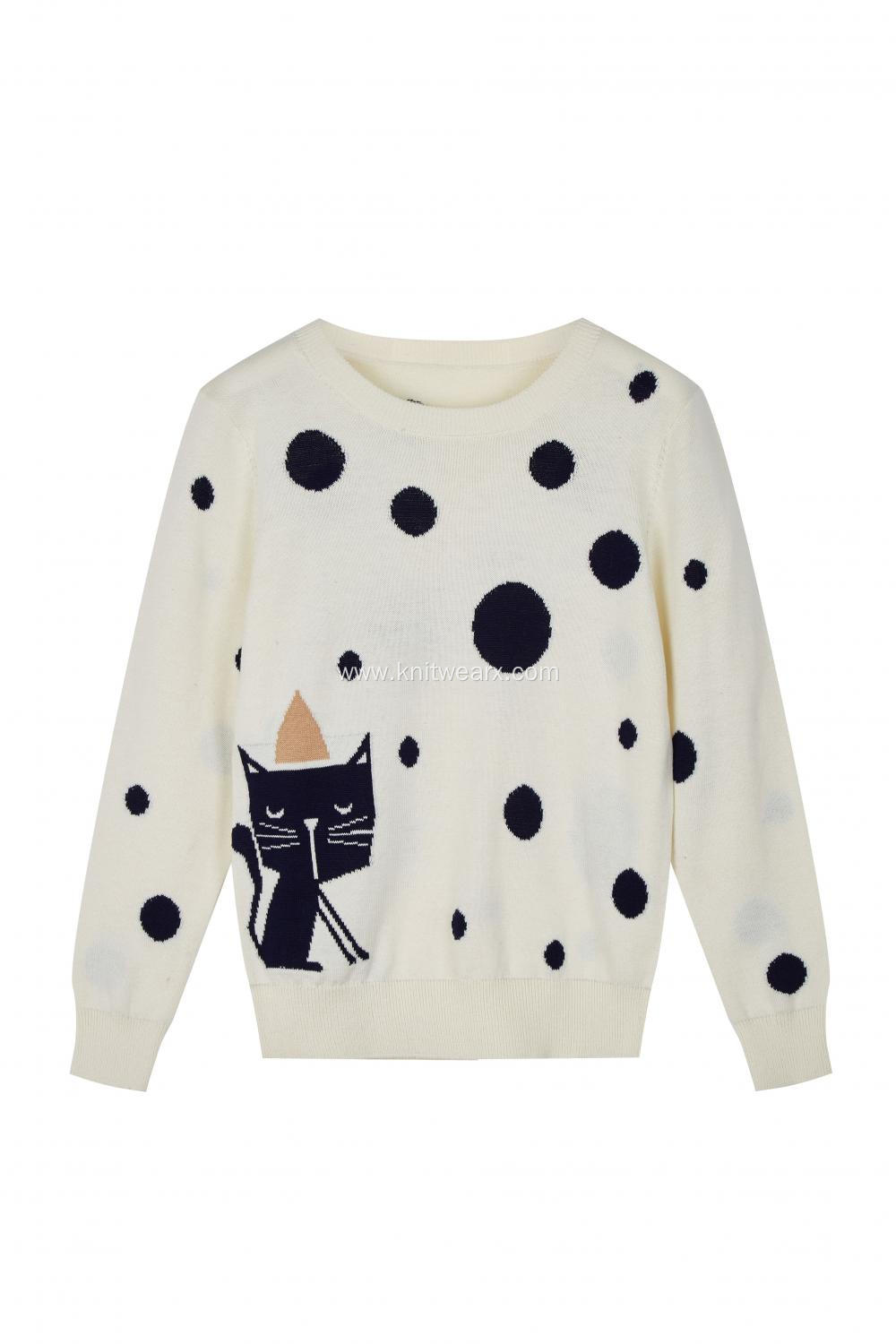 Girl's Knitted Angry Cat and Dots Jacquard Pullover