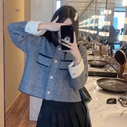 Vintage Herringbone Woolen Jacket for Women