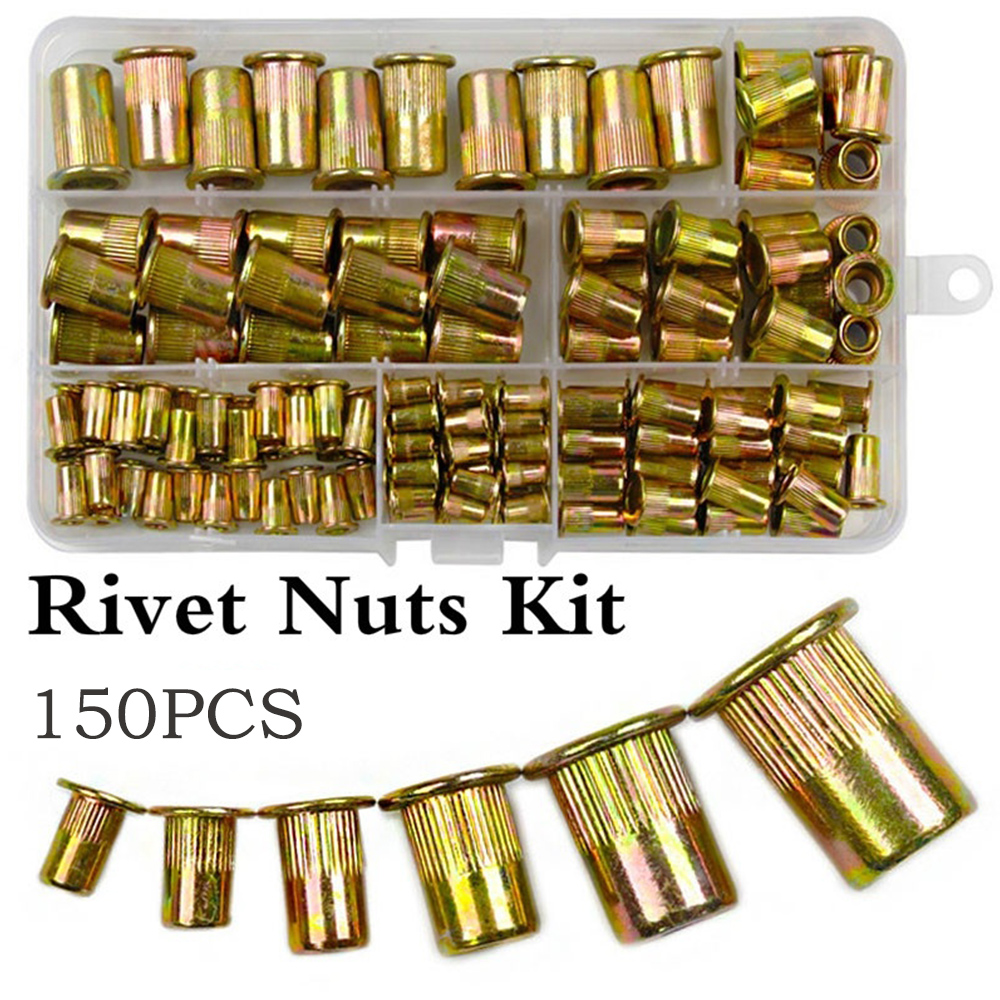 150pcs/set M3 M4 M5 M6 M8 M10 Carbon Steel Rivet Nuts Insert Rivets Multi Size Flat Head Rivet Nuts Set Threaded Insert Nut Kit