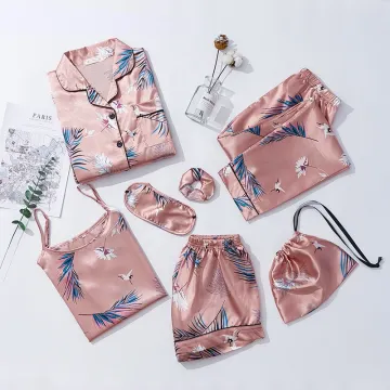 2022 New Women's 7 Pcs Soft Silk Satin Print Long Sleeve Shorts Pajama Set
