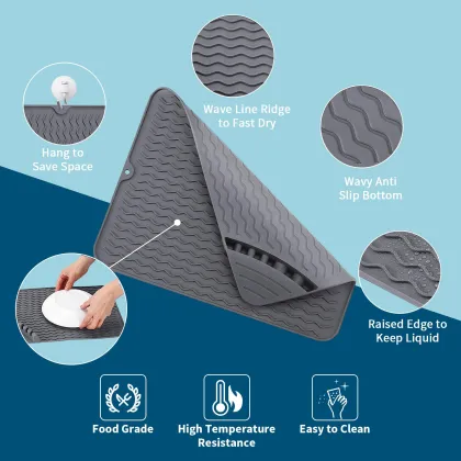 Silicone Dish Drying Mat with Utensil Rest for Multiple Utensils