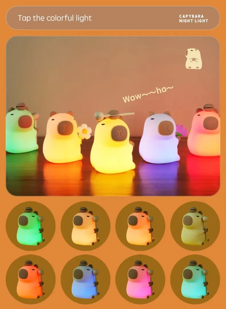 Capybara, luz nocturna de silicona, carga de carga Pat Light Capybara Lámpara