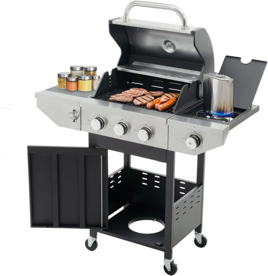 3-Burners Propane BBQ Grill with Side Burner and Cast Iron Grates
