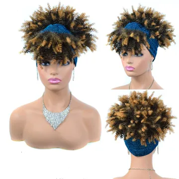 Wholesale Ombre Black  Short Turban Wig Afro Headband Wig Kinky Curly Synthetic Wig With Headband Attached For Black Women