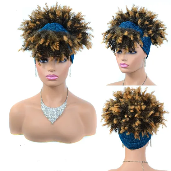 Wholesale Ombre Black  Short Turban Wig Afro Headband Wig Kinky Curly Synthetic Wig With Headband Attached For Black Women