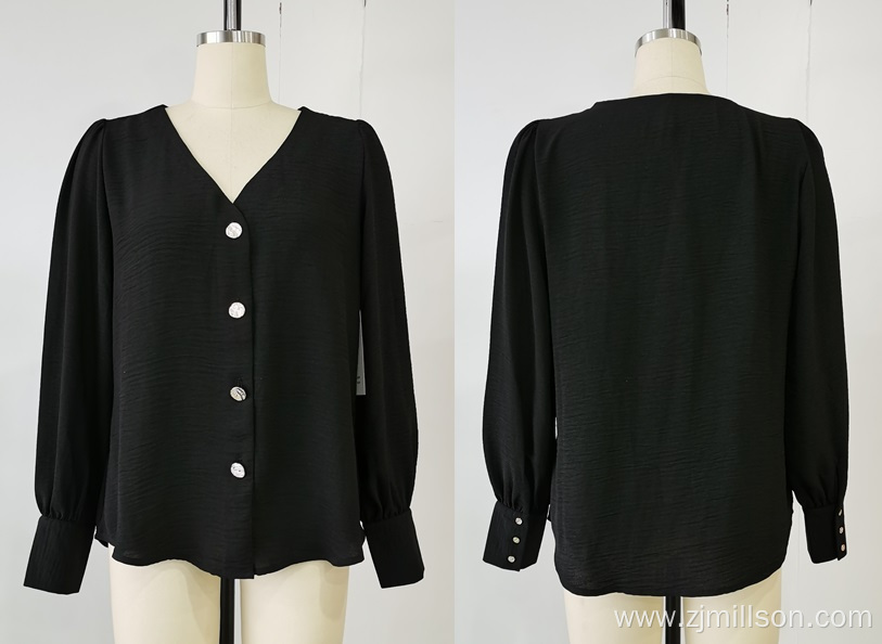 Woven Black Long Sleeve Button Down Blouse