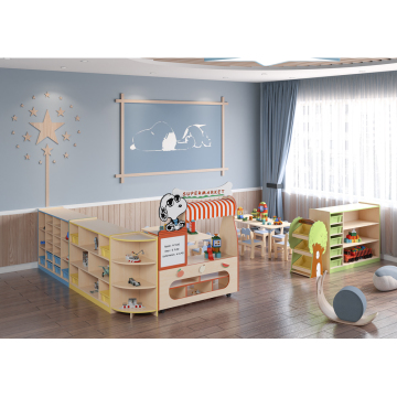 Solid Wooden Student Desk and Chair Set with Kitchen Cabinet for Kindergarten Preschool Kids