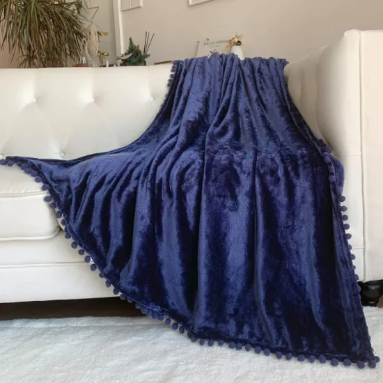 Custom Flannel Blanket with Pompom Fringe Soft Cozy Lightweight Throw Blanket for Couch Bed Sofa Chair