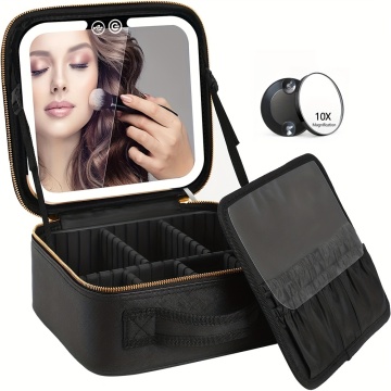 LED Illuminated Outdoor Travel Makeup Bag with Mirror, 3-Color Settings, Cosmetics Organizer & Portable Vanity Case