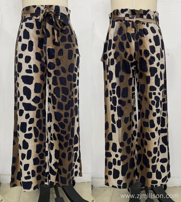 Elastic Back Front Strap Leopard Wide Leg Pants