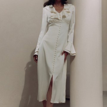 Elegant Beige Satin Ruffle Collar Long Sleeve Midi Dress 2024