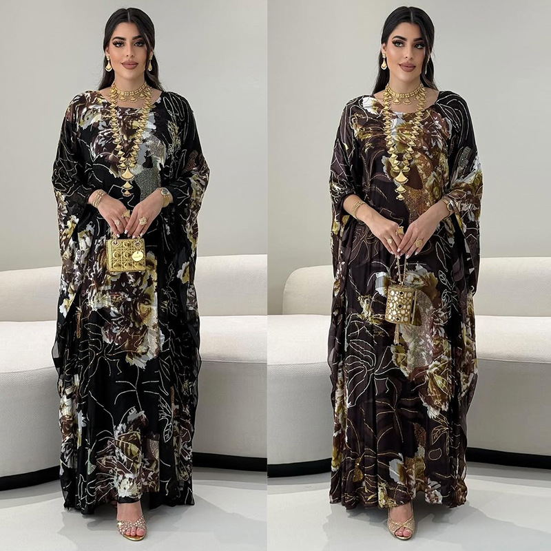 Printed Chiffon Rhinestone Abaya Detail