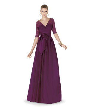 Modest Aline V Neck Lace Sheer Half Sleeve Chiffon Purple Long Prom Gown Evening Dresses 2015