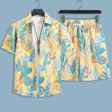 Men Yellow Tropical Leaf Print Two-Piece Beach Suit