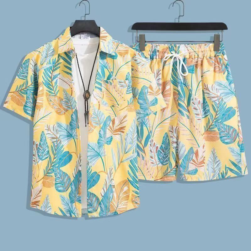 Men Yellow Tropical Leaf Print Two-Piece Beach Suit