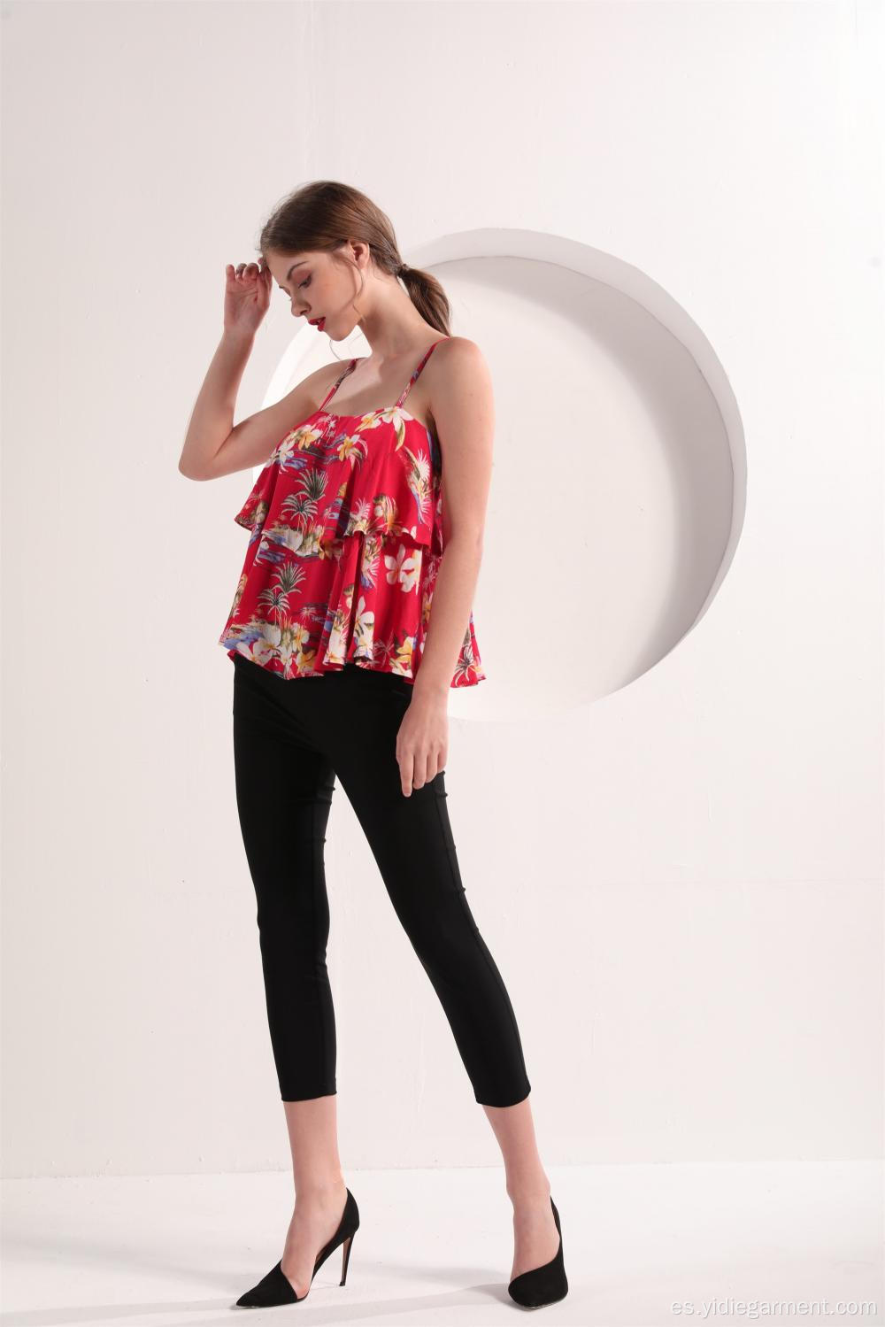 Top de camuflaje floral rojo para mujer