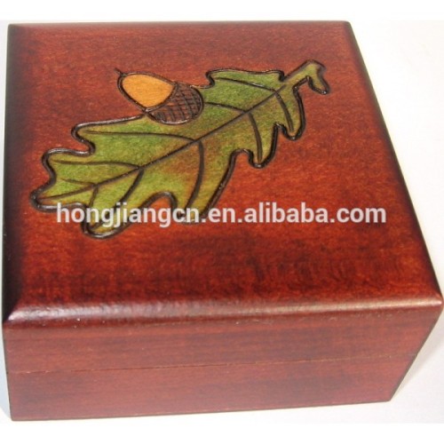 Square Wooden Box with Acorn on an oak Leaf