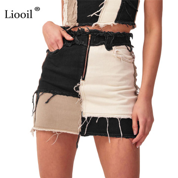 Liooil Patchwork Cotton Denim High Waist A-Line Skirts With Pockets Autumn Streetwear Color Block Zipper Women Sexy Mini Skirt