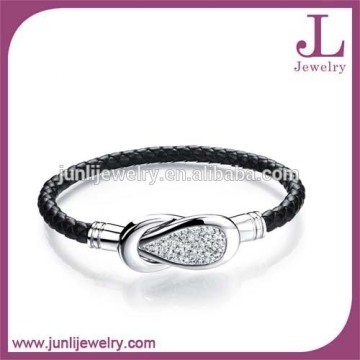 Stainless Steel Bling CZ Stone Bracelet First Class Braided Genuine Leather Bracelet