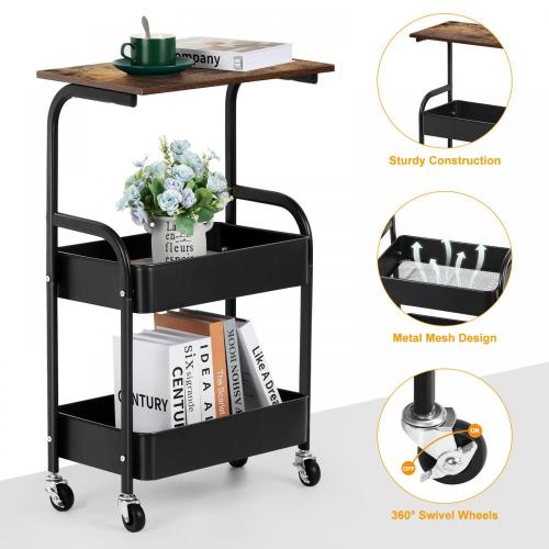 3-Layers Utility Rolling Cart with Wooden Board