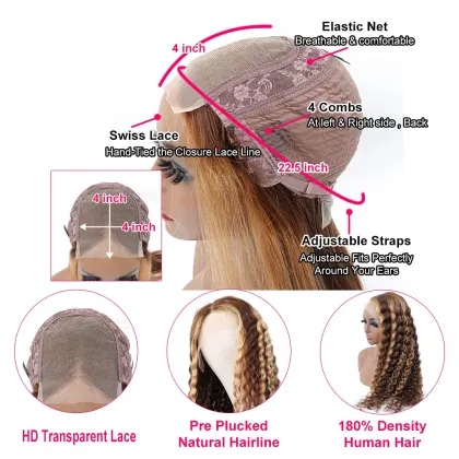 Uniky 13x4 HD Lace Brown Highlight Wig,Brown Blonde Highlights Deep Wave Lace Front Wig