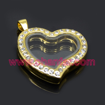 crystal paved heart shape blank metal glass locket pendant for micro beads jewelry
