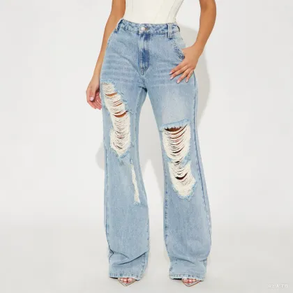 Medium Wash Women Ripped Straight Leg Jeans