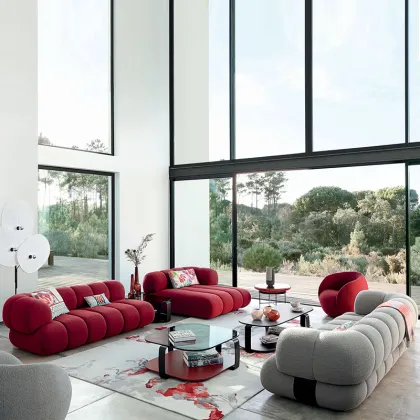 French Rochburg Minimalist Sofa with Italian Design Elements, Featuring Piano Keys Pattern and Lamb Velvet by Roche Bobois