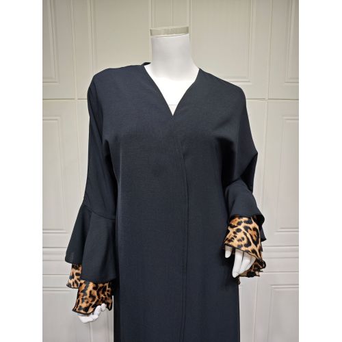 Siyah Leopar Fırfır Kol Açık Kimono Abaya