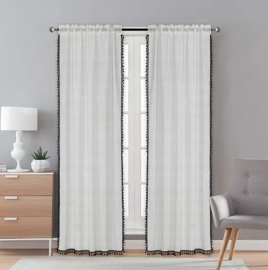 100% Polyester Faux Linen Textured Sheer Curtains with Tassels for Living Room