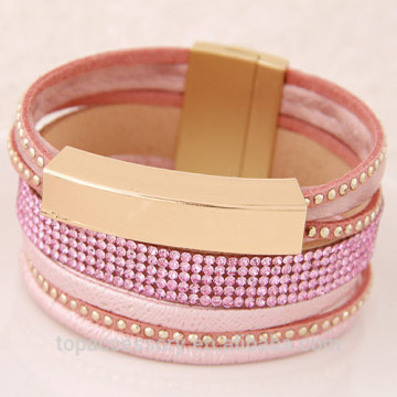 TBC6907-63 Pulseiras Femininas 2016 Leather Chain Magnet Clasp Rhinestone Metal Bracelets Bangles for Women