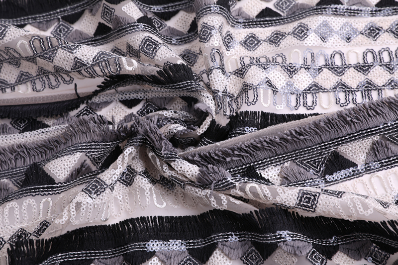 Milky Yarn 3D Tassel Sequin Embroidery Fabric