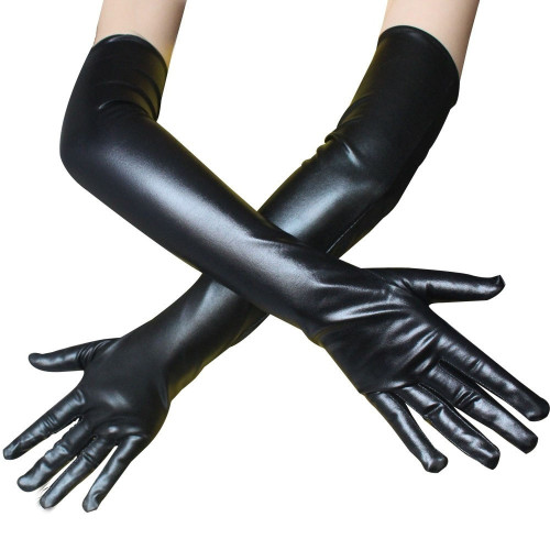 Women Sexy Elbow Length Long Latex Gloves Gold Silvery Wet Look Fake Leather Metallic Gloves Evening Party Performance Mittens