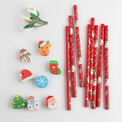 Christmas Red Cute Wooden Pencil Set with Eraser for Kids
