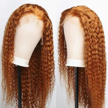 highlighted ginger deep wave human hair lace front wig, ginger orange colored curly highlighted human hair full lace wigs