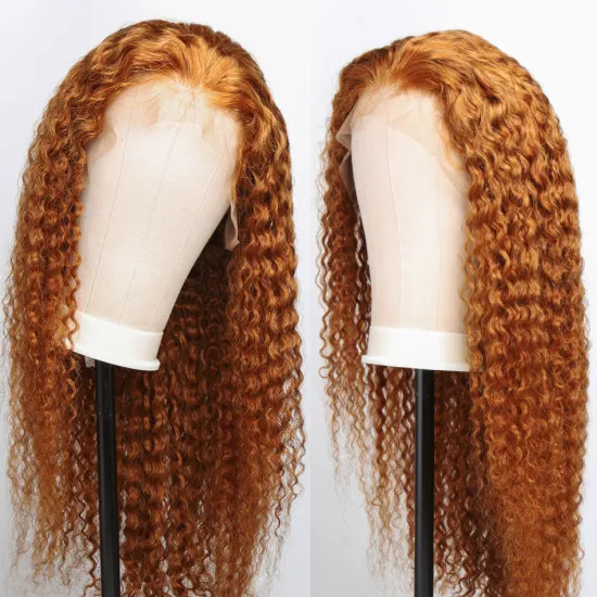 highlighted ginger deep wave human hair lace front wig, ginger orange colored curly highlighted human hair full lace wigs