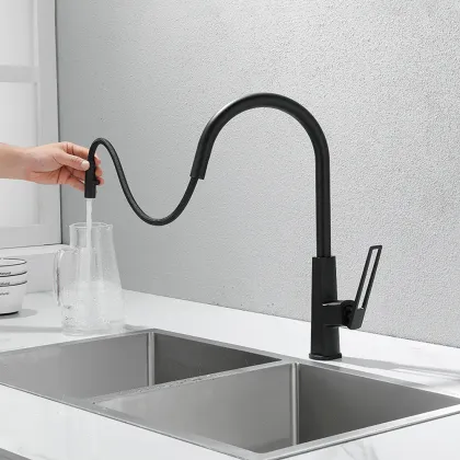 Fashion Long Neck Black Pull Down Kitchen Faucet