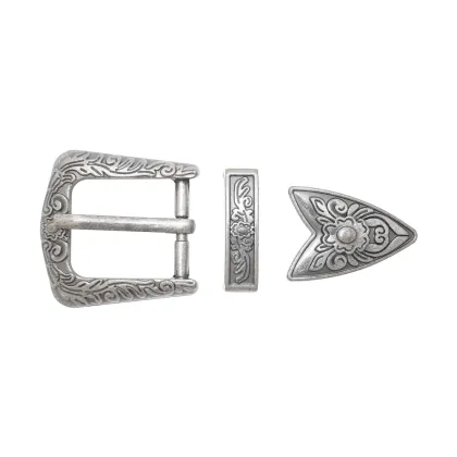 Retro Silver Engraved 3-Part Belt Pin Buckle Set