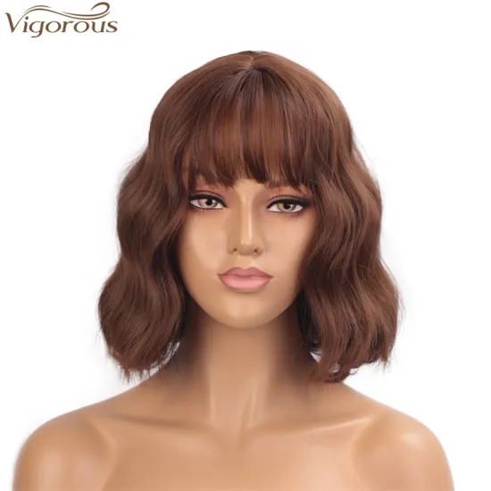 Vigorous Synthetic Brown Highlights Wigs with Hair Bangs Short Wavy Curly Wig for Women Heat Resistant Wig for Daily Wear