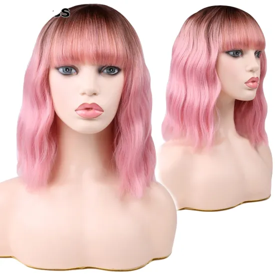 Wholesale Machine Made Water Wave Pink Wig With Bangs Cheap Cosplay Pixie Curls Short Bob Synthetic Hair Wigs With Highlights