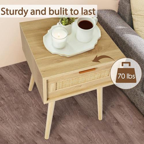 Modern Nightstand End Table with 2 Rattan Drawers,Side Table Wood Accent Table with Storage for Bedroom Living Room