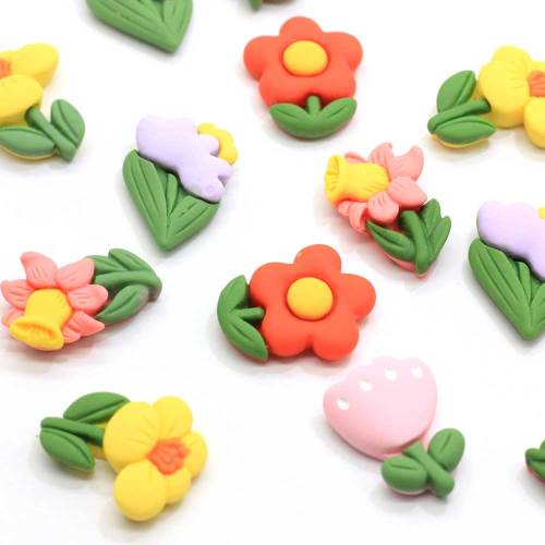 Lovely Flower Flatback Resin Cartoon Bloom With Green Leaves Διακοσμητικά Χειροποίητα Σπίτι Πρώιμης Εκπαίδευσης DIY Αξεσουάρ Μαλλιών Μαλλιών